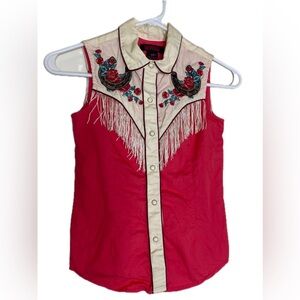 Pink Embroidered Western Fringe Vest Top